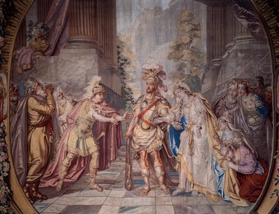 Cenografia: "Alceste" Representação da cena 4 do ato V da ópera de Philippe Quinault (1635-1688) musicada por Jean Baptiste Lully (Giovanni Battista Lulli) (1632-1687). Detalhe de uma tapeçaria de Charles Antoine Coypel (1694-1752) 1764 feita em Mi de Charles Antoine (after) Coypel