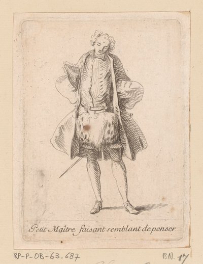 Fidalgo de pé visto de frente
Petit Maître faisant semblant de penser (título sobre o objecto)
Figures de modes (título da série) de Charles Antoine Coypel