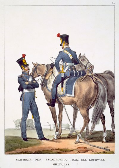 Uniforme dos esquadrões do trem das tripulações militares, de "coleção dos uniformes do exército francês" por Marechal Duc de Bellune, bar. C. Motte, Paris, 1823 de Charles Aubry