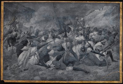 A derrota do Exército Egípcio sob Hicks Pasha pelas forças do Mahdi Muhummad Ahmad em El Obeid, 5 de Novembro de 1883 (aguarela em grisaille) de Charles Auguste Loye