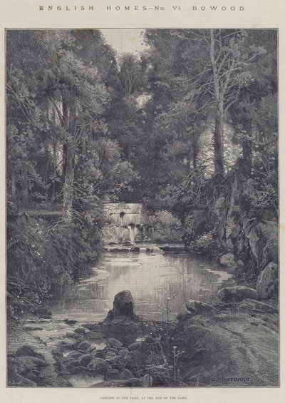 Casas inglesas, Bowood, cascata no parque, no fim do lago de Charles Auguste Loye