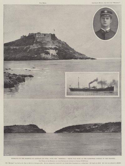 Entrada ao porto de Santiago de Cuba; com o Merrimac que foi afundado na parte mais estreita do canal de Charles Auguste Loye