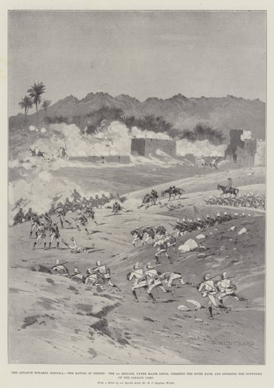 O avanço em direção a Dongola, a Batalha de Ferket, a 1ª Brigada, sob o comando do Major Lewis, limpando a margem do rio e invadindo o Outworks do Acampamento de Jahalin de Charles Auguste Loye