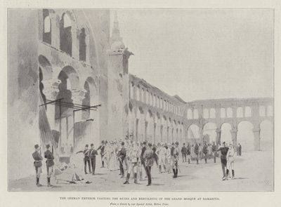 O imperador alemão visitando as ruínas e reconstrução da grande mesquita em Damasco de Charles Auguste Loye