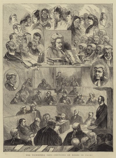 O caso Tichborne, esboços de cabeças no tribunal de Charles Auguste Loye