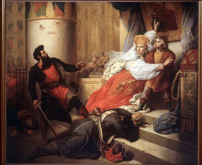 A Mãe resgatou Pedro I como Criança durante a Revolta de Streltsy de 1682 (Nathalie Narychkine, Natalia Narychkina) (1651-1694). Pintado de Charles Auguste Steuben