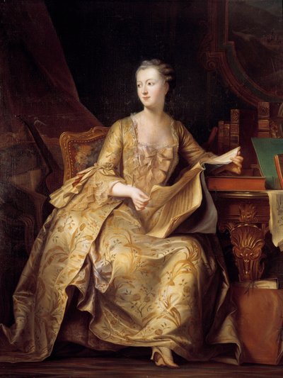 Retrato de Jeanne Antoinette Poisson, Madame de Pompadour (conhecida como Marquesa de Pompadour) (1722-1764) segurando uma partitura de música, Pintura de Charles Auguste Steuben (1788-1856) (ec.alle) Sol do século XIX. 1,65x1,32 m de Charles Auguste Steuben