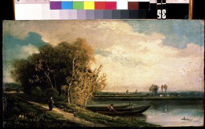 "A costa" Uma paisagem ribeirinha com um pescador e uma mulher camponesa. Pintura por Charles Barthelemy Jean Durupt (1804-1838) Museu de Arte Mikhail Kroshitsky, Sevastopol (Sebastopol) Ucrânia de Charles Barthelemy Durupt