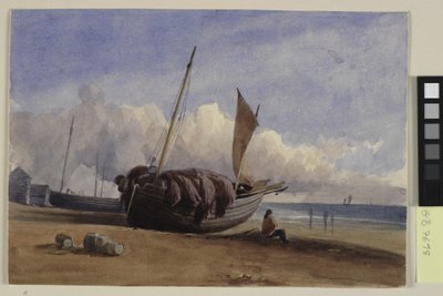 Barco de pesca encalhado com pescador sentado de Charles Bentley
