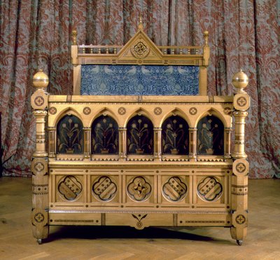 Renascimento gótico cama embutida com cabeceira acolchoada, feita por Marsh & Jones, c.1866 (madeira) de Charles Bevan