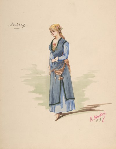 Figurino para Andrey [a], folha descritiva de acessórios [b], 1889. de Charles Bianchini