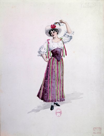 Traje de jovem mulher (Nedda ou Colombine?) para a ópera "Paillasse" (de pagliacci, palhaços) de Ruggero Leoncavallo (1857-1919) de 1892. Aquarela de Charles Bianchini (1860-1905) de Charles Bianchini