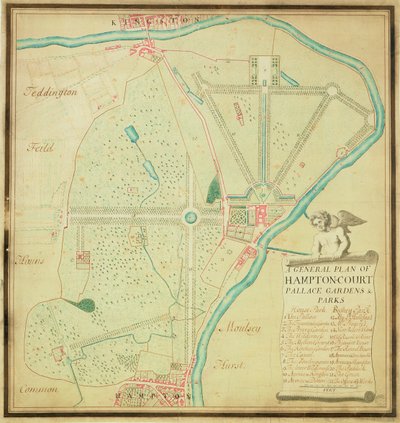 Um Plano Geral de Hampton Court Palace Jardins e Parques, c.1713 (caneta e tinta e wc no papel) de Charles Bridgeman