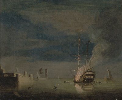 Um barco de dois andares em chamas à noite em um forte de Charles Brooking
