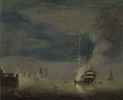 A Two-Decker on Fire at Night off a Fort, c.1740 (óleo sobre tela) de Charles Brooking