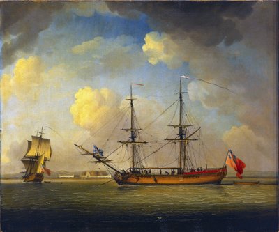 Um navio "Naval Snow", um navio britânico com dois mastros, utilizado para transportar mantimentos para a Marinha Real, no horizonte, em Fort Tilbury, no Tamisa, Inglaterra de Charles Brooking