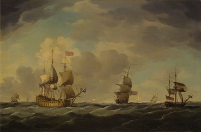 Um navio de bandeira inglês sob vela fácil numa brisa moderada de Charles Brooking