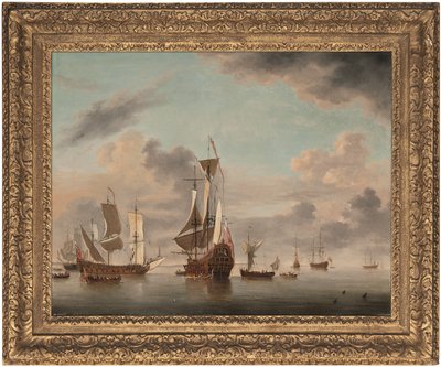 Um inglês de dois andares com quarenta armas de fogo, ancorado ao largo de uma costa com uma galeota perto e cinco homens de guerra além (petróleo sobre tela) de Charles Brooking