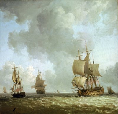 Navios da Marinha Real Britânica soprando ao vento do oceano. Óleo sobre tela, cerca de 1750, de Charles Brooking (1723-1759). de Charles Brooking