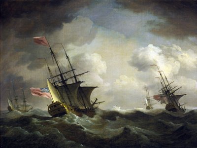 Esquadra britânica apanhada pelo vento. Óleo sobre tela de Charles Brooking