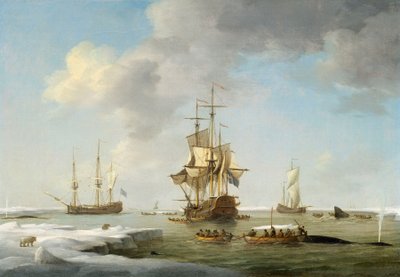 Pesca na Gronelândia: Baleeiros ingleses no gelo, c.1750 (óleo sobre tela) de Charles Brooking