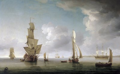 Navegação no estuário do Tamisa (Inglaterra), grande variedade de barcos e descrição da costa inglesa. Óleo sobre tela de Charles Brooking