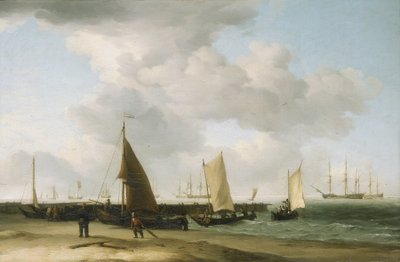 Cena na costa, com um edifício de guerra no horizonte. Óleo sobre tela de Charles Brooking