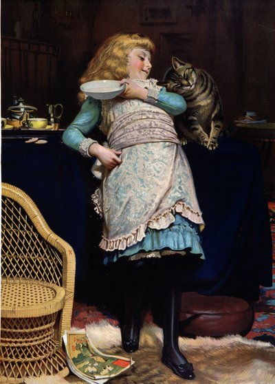 Criança com gato, de Burton Barber, chromo inglês de Charles Burton (after) Barber