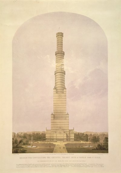 Projeto para converter o Crystal Palace em uma torre alta de 1000 pés, pub. por Ackermann und Co., 1852 de Charles Burton