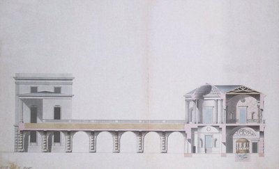 Secção Transversal do Pavilhão Ágata e Jardim Suspenso em Tsarskoye Selo, c.1780 (caneta e tinta com wc sobre papel) de Charles Cameron