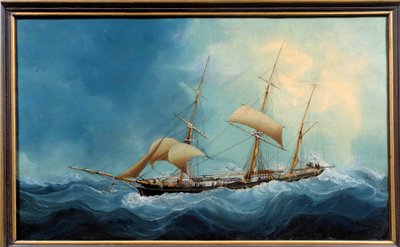 Um veleiro de três esteiras em vôo Pintura de Charles Cheri Dubreuil (Cheri-Dubreuil) (1828-1880) 1865 - Fecamp. Musee Des Terre Neuvas - Um navio de três mastros em fuga. Pintura de Charles Dubreuil (século XIX) de Charles Cheri Dubreuil