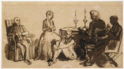 Uma noite na casa dos Combes, 1850-51 (caneta e tinta marrom sobre papel marrom claro) de Charles Collins