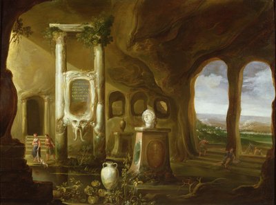 Um, monumento, para, augustus, em, um, gruta, com, figuras, 17o século de Charles Cornelisz de Hooch