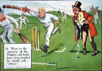 (13) Quando (na opinião do Árbitro) seis bolas tiverem sido lançadas ele chamará... "Over", de "Laws of Cricket", publicado em 1910 de Charles Crombie