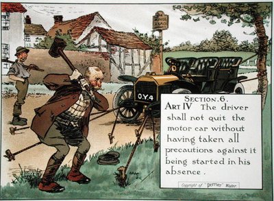 Secção 6. Arte. IV O condutor não deve abandonar o automóvel sem ter tomado todas as precauções contra o arranque na sua ausência, a partir de um livro de regras da estrada, publicado c.1905 (cor litho) de Charles Crombie