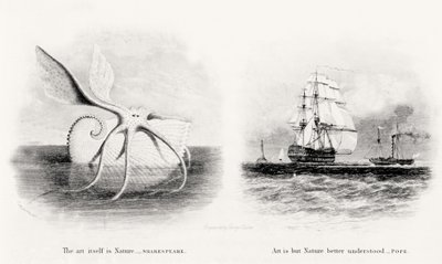 Uma lula gigante e dois navios no mar, gravados por George Cooke (1781-1834) de Charles Curtis