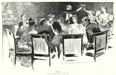 Puzzle, encontra o homem que está a pagar o jantar (litho) de Charles Dana Gibson