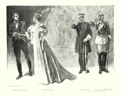 Rudolph Rassendyll, Princesa Flávia, Coronel Sapt, Tenente Bernenstein (litografia) de Charles Dana Gibson