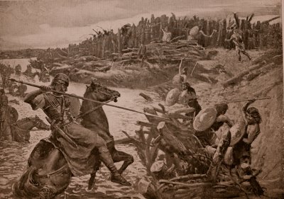 César atravessa o rio Tâmisa, ilustração da &39;Hutchinson&39;s Story ofthe British Nation&39;, c.1920 de Charles Daniel Ward