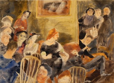 Interior com grupo de pessoas em redor de uma mulher ruiva de Charles Demuth