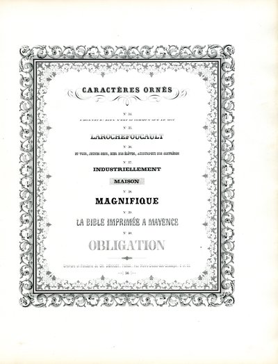 Tipos de letra decorativos com moldura ornamental dupla (impressão) de Charles Derriey