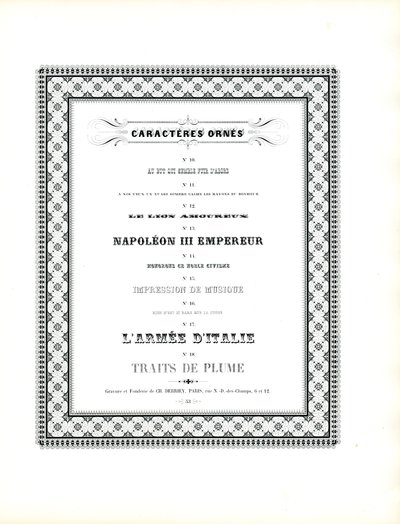Tipos de letra ornamentais com moldura decorativa (impressão) de Charles Derriey