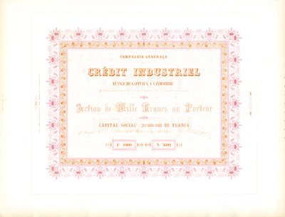 Certificado de acções "Crédito Industrial" (em letra de imprensa) de Charles Derriey
