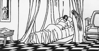 Melisande visitando Golaud, que está deitado na cama depois de cair do cavalo, talhada por Charles Doudelet (1861-1938) para Pelleas e Melisande por Maurice Maeterlinck (1862-1949), publicada por Claudio Argentieri, Spoleto, Itália de Charles Doudelet