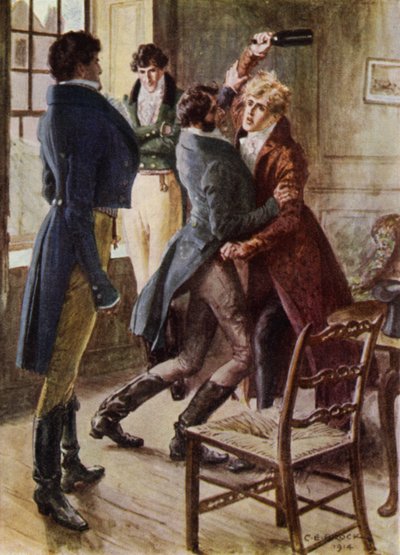 Ilustração para The Amateur Gentleman por Jeffery Farnol (lito colorido) de Charles Edmund (after) Brock
