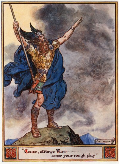 "Pare, estranho Vanir ... cesse seu jogo bruto", ilustração de "Os Heróis de Asgard, Contos da Mitologia Escandinava", de A und E Keary, 1930 de Charles Edmund Brock