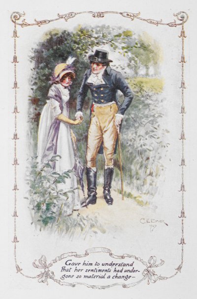 Deu-lhe a entender que os seus sentimentos tinham sofrido uma mudança tão material", Elizabeth Bennet e o Sr. Darcy, ilustração de 