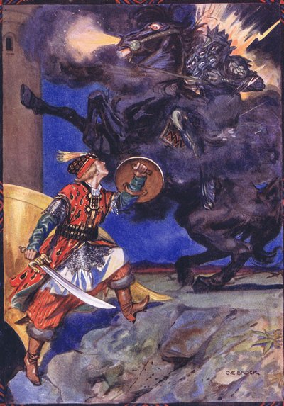 Eu vim para lutar com você, Ladrão de Minha Amada, cena de Sucna Murga em Histórias Infantis de Lendas da Rumania por Moses Gaster (1856-1939) 1921 de Charles Edmund Brock