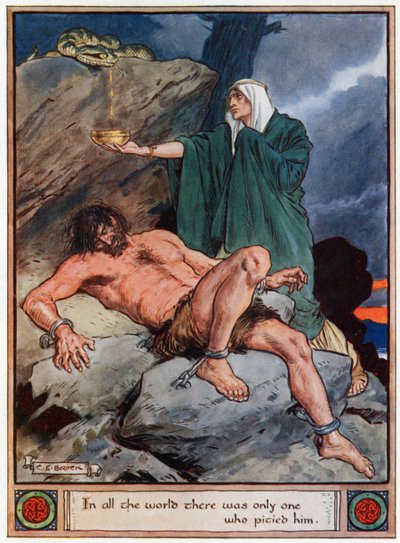 "Em todo o mundo havia apenas um que tinha pena dele", ilustração de "Os heróis de Asgard, contos da mitologia escandinava", de A und E Keary, 1930 de Charles Edmund Brock