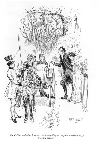 &39;Sr. Collins e Charlotte estavam ambos de pé no portão em conversa com as senhoras, ilustração de "Orgulho e Preconceito" de Jane Austen, 1895 de Charles Edmund Brock